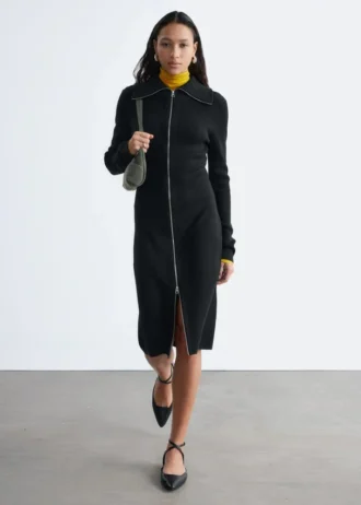 Abito midi con zip frontale a costine