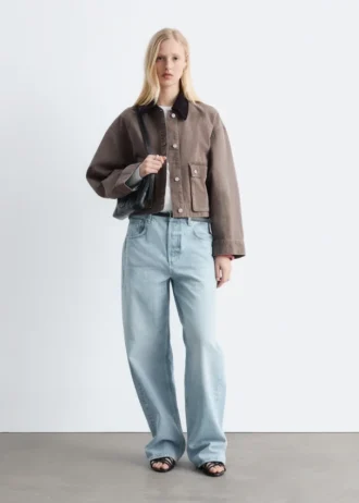 Giacca corta in denim con collo in velluto a coste