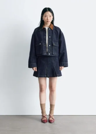 Giacca corta in denim con collo in velluto a coste