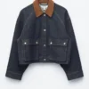 Giacca corta in denim con collo in velluto a coste